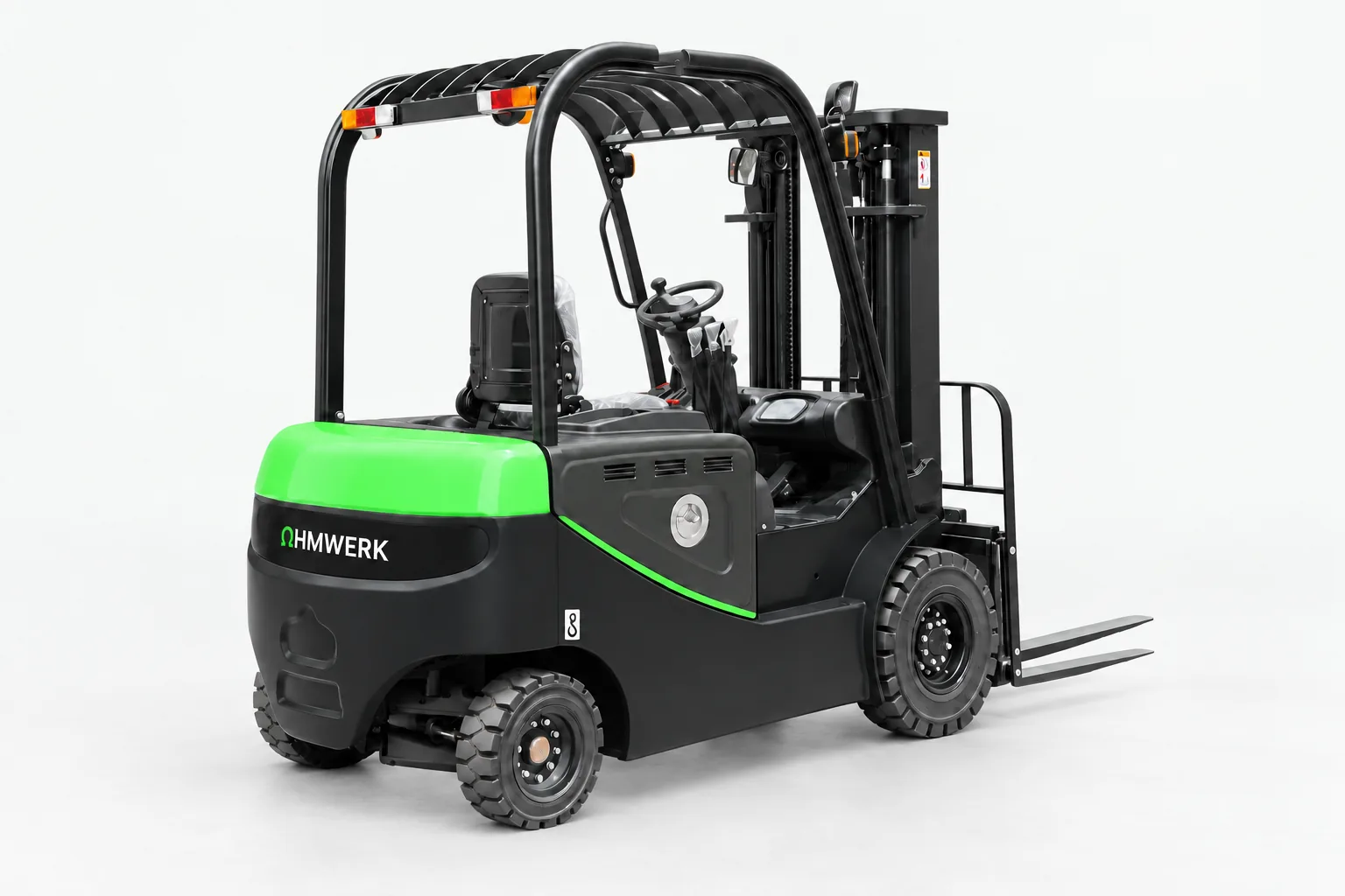 Elektrische Ohmwerk-vierwielheftruck 2.500 kg in antraciet met groen contragewicht, driekwart achteraanzicht